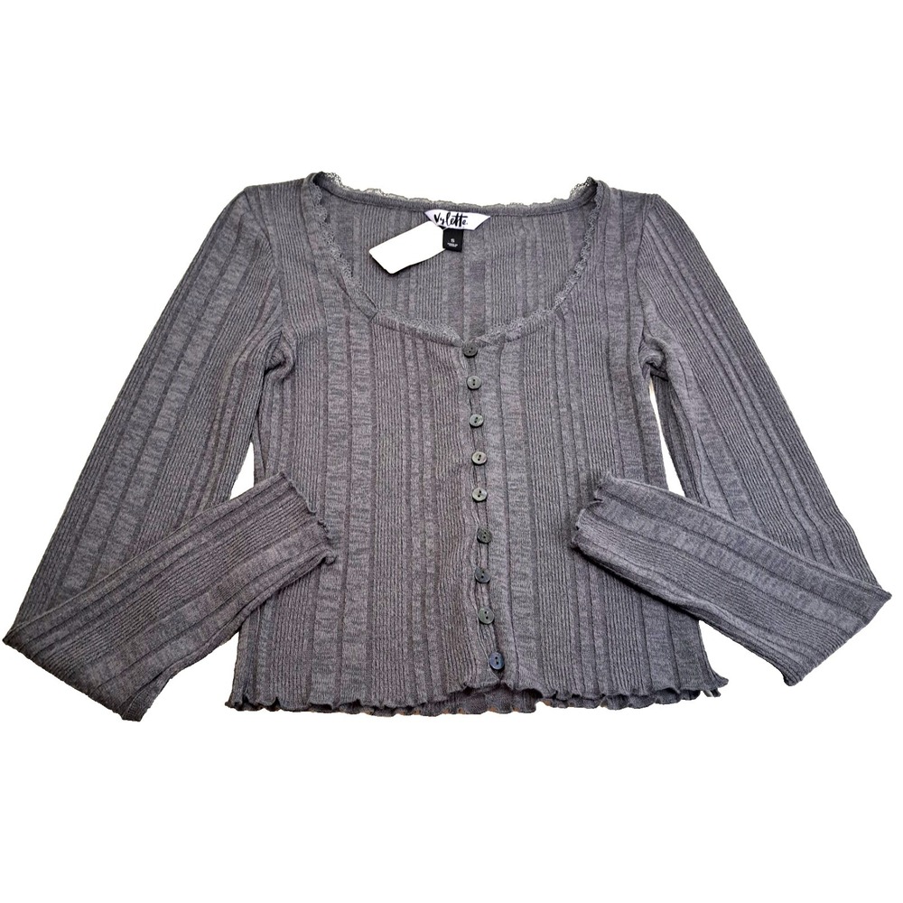 Vyllette Y2K Dainty‎ Ribbed Lightweight Cardigan Women's S Fairy Grunge Gray NEW